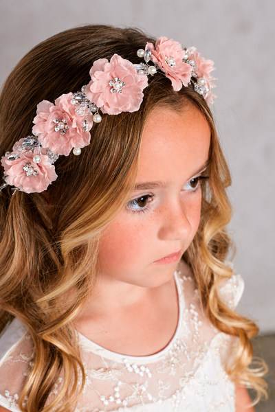 Silk Flower Girl Headband with Pearls & Crystals