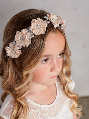 Silk Flower Girl Headband with Pearls & Crystals