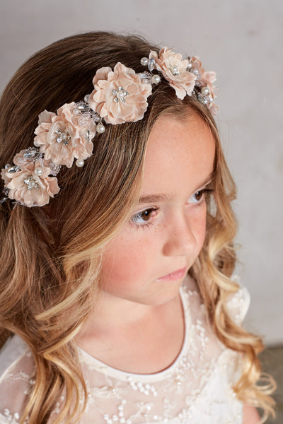 Silk Flower Girl Headband with Pearls & Crystals