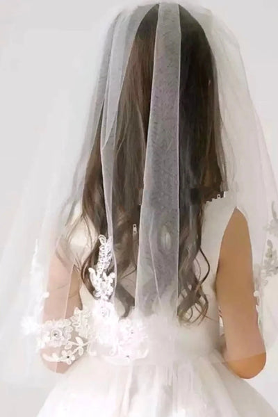 Embroidered Italian Lace First Communion Veil With Cute Bow 