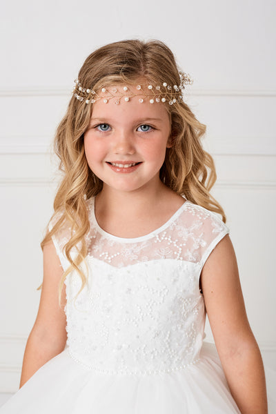 Girls Elegant Crystal And Pearl Headpiece With Satin Tie