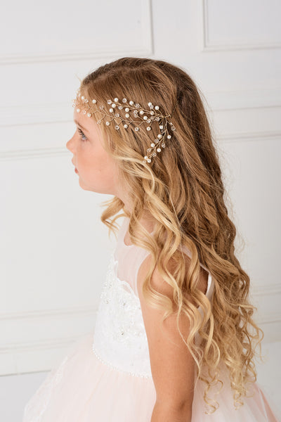 Girls Elegant Crystal And Pearl Headpiece With Satin Tie