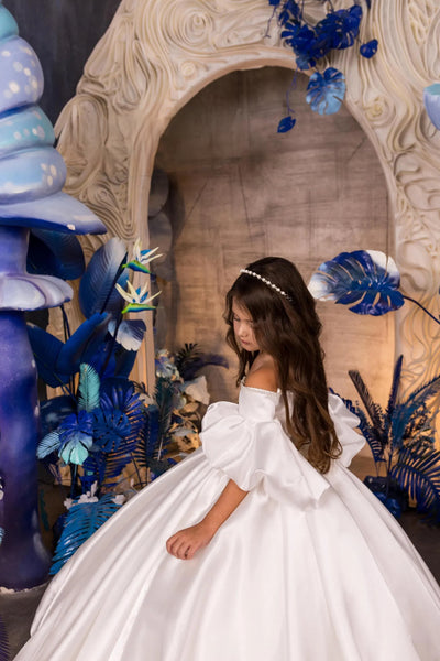Alina Pearl Gown – White Satin Couture Dress for Communion Flower Girl
