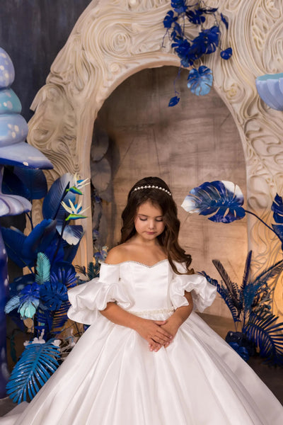 Alina Pearl Gown – White Satin Couture Dress for Communion Flower Girl