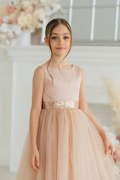 Chic Custom Couture Satin Tulle Flower Girl Party Midi Length Dress