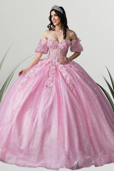 Rosabelle Bloom Pink Quinceañera Gown – Floral Glitter Ballgown