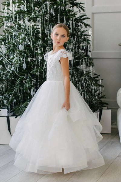 Felecia White Layered Lace Gown – Communion & Flower Girl Dress