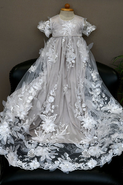 All Over Lace Baptism Gown Couture Christening Dress With 3D Lace Button Back