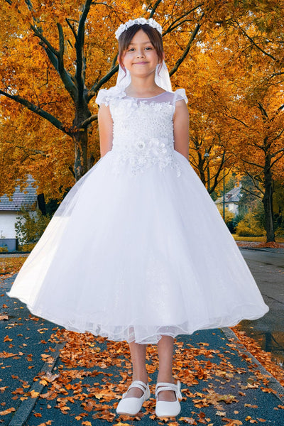 Julissa White Tea-Length Dress for Communion & Flower Girl