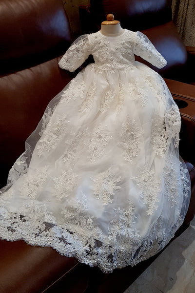 Handmade Baptism Gown Christening Beaded Lace Gown Baby Baptism Dress