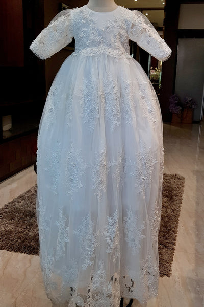 Handmade Baptism Gown Christening Beaded Lace Gown Baby Baptism Dress