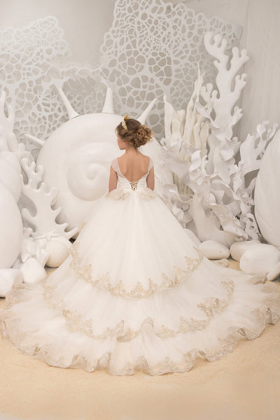 Pageant Girl Tulle Lace Wedding Flower Girl Ivory Birthday Party Long Dress