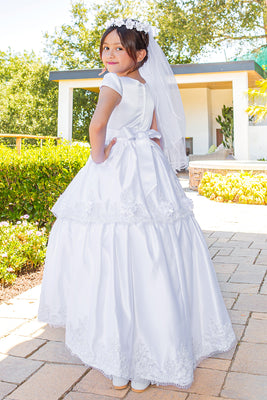 White Satin Tea Length First Communion Dress Girls