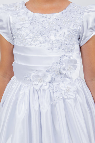 Girls White Satin Communion Gown with Floral Lace