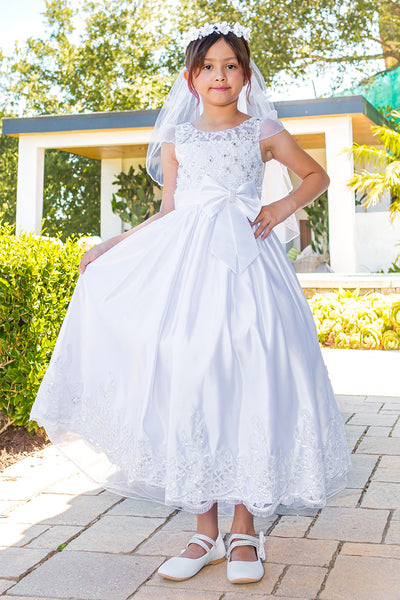 Girls White Tea Length Communion Dress in Satin