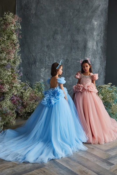 Pentelei Couture Flower Girl Pageant Gown with Elegant Train | Perfect for Weddings