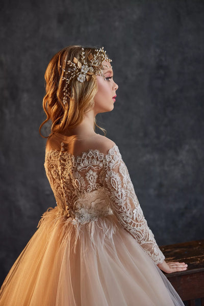 Pentelei Couture Flower Girl Lace Chiffon Gown with Train