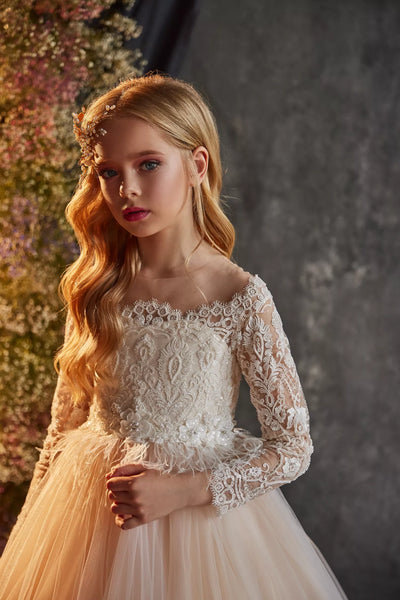 Pentelei Couture Flower Girl Lace Chiffon Gown with Train