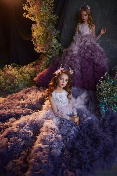 Stunning Pentelei Couture Girls Ruffle Tulle Purple Ombre Pageant Gown