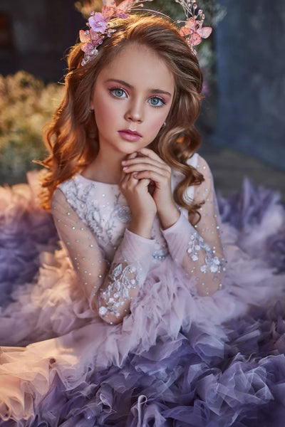 Stunning Pentelei Couture Girls Ruffle Tulle Purple Ombre Pageant Gown