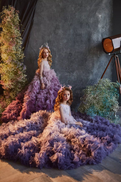 Stunning Pentelei Couture Girls Ruffle Tulle Purple Ombre Pageant Gown