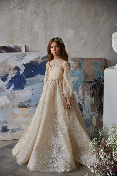 Elegant Lace Communion & Pageant Gown with Sheer Sleeves | Pentelei Couture