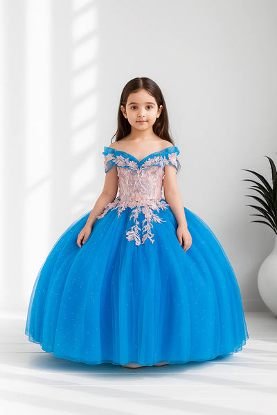 Girls 3D Floral Glitter Tulle Pageant Ballgown