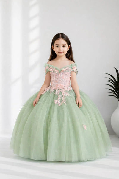 Girls 3D Floral Glitter Tulle Pageant Ballgown