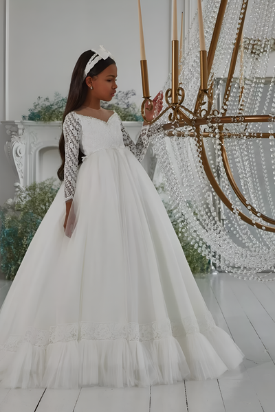 Pentelei Couture White Communion Gown with Lace Sleeves