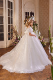 Exquisite Flower Girl Communion Gown with Puff Sleeves | Pentelei Couture