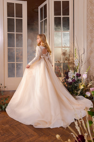 Elegant Kid's Dress - Pentelei Couture Long Sleeve Princess Dress with Bow Detail