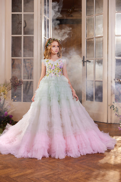 Pentelei Couture Ombre Tulle Gown for Girls  with Floral Embellished Bodice