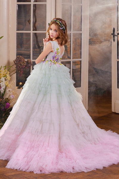 Pentelei Couture Ombre Tulle Gown for Girls  with Floral Embellished Bodice