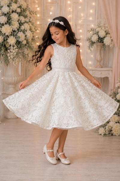 Ivory Lace Flower Girl Dress with Bow Back
