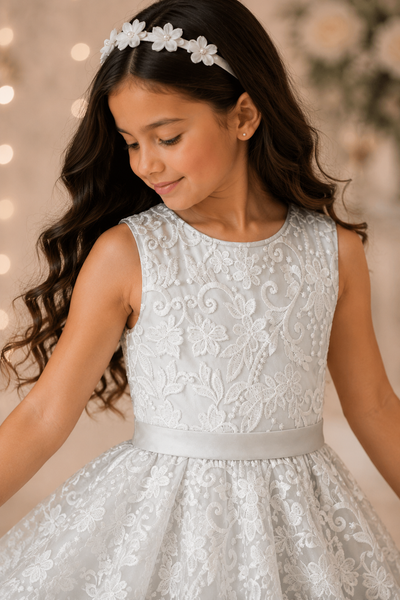 Ivory Lace Flower Girl Dress with Bow Back