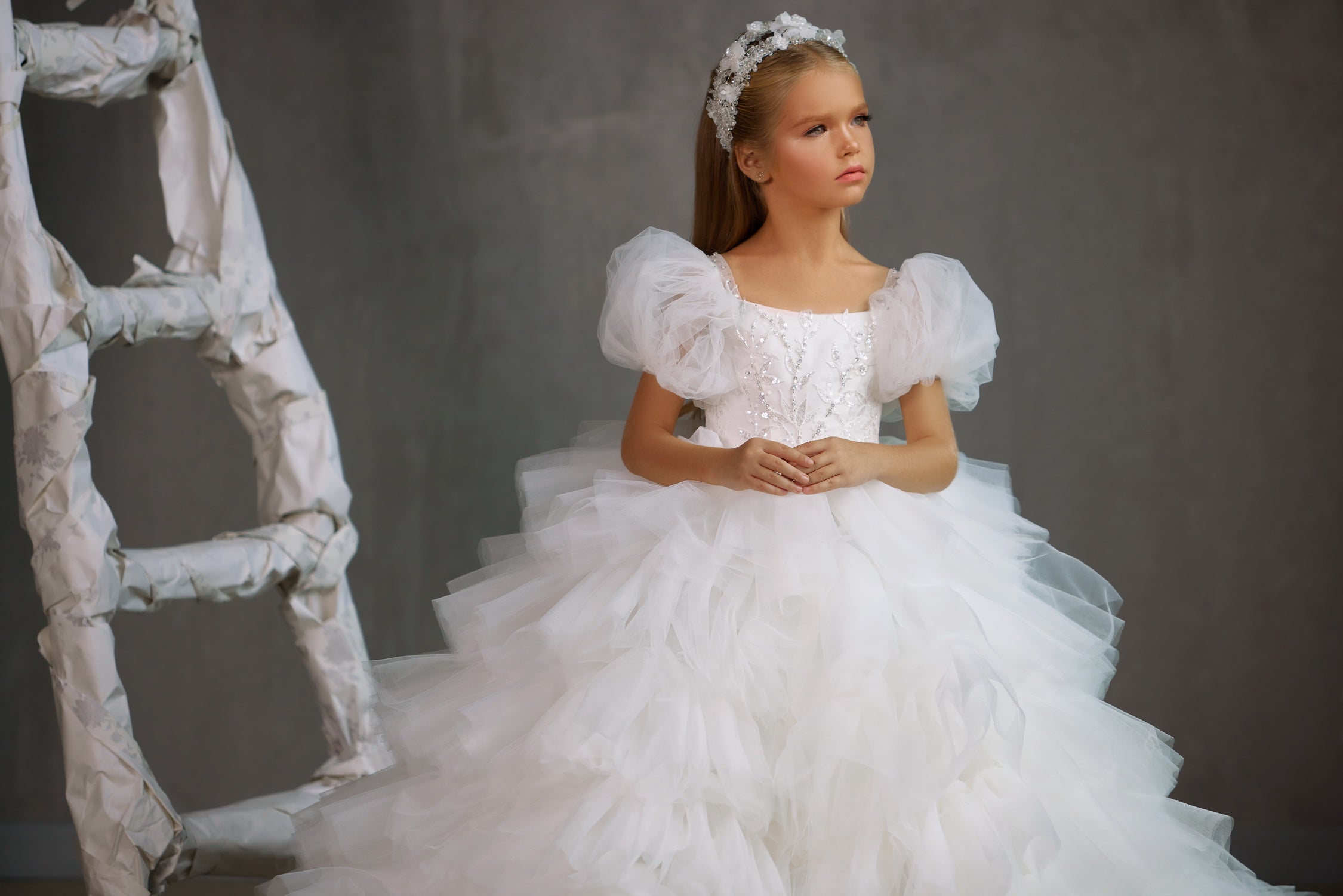 Girls Couture Ruffled Communion Pageant Floor Length Gown