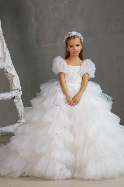 Girls Couture Ruffled Communion Pageant Floor Length Gown