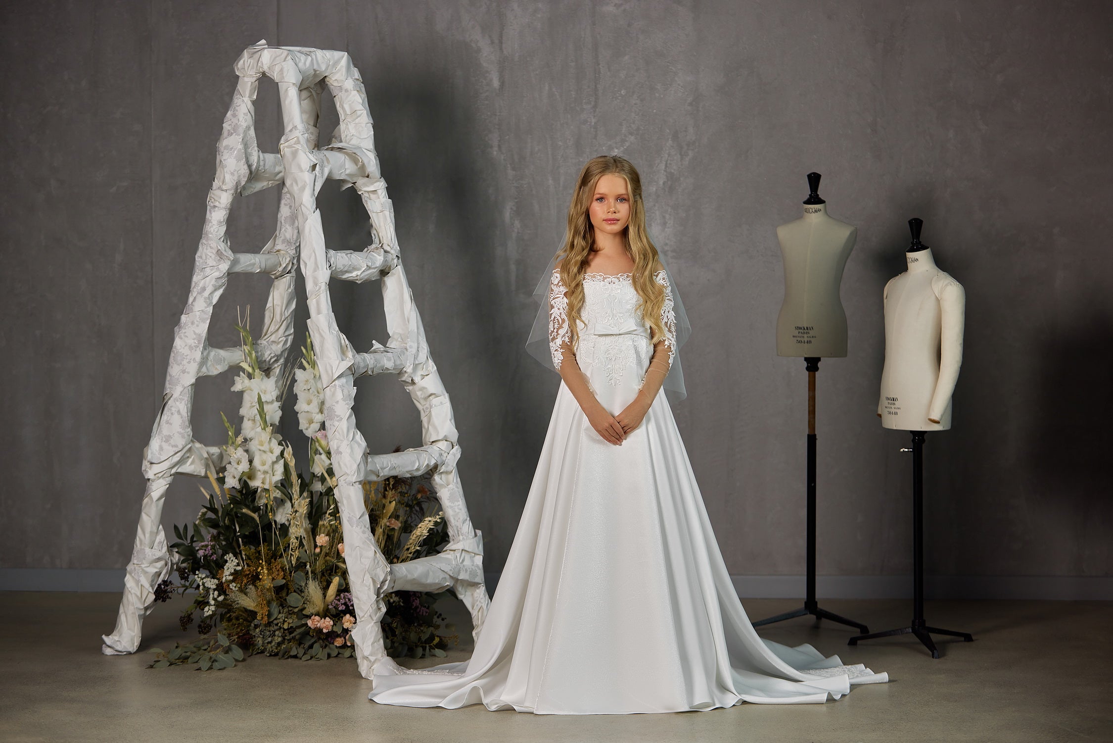 Girls Couture Satin Lace Off The Shoulder Communion Gown