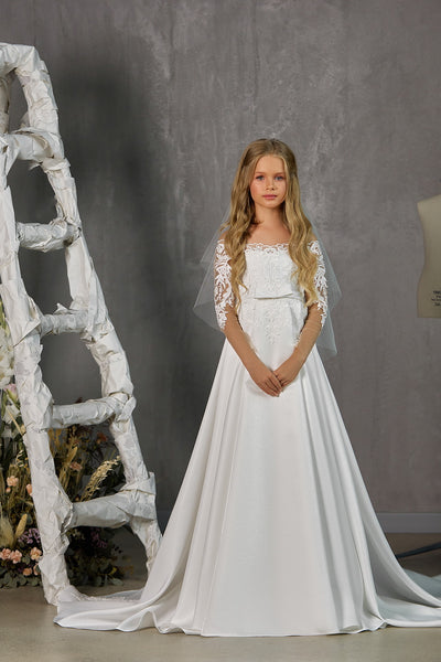 Girls Couture Satin Lace Off The Shoulder Communion Gown