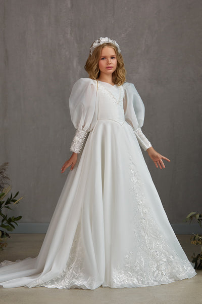 Girls Chiffon Special Occasion Communion Gown With Victorian Lace Sleeves
