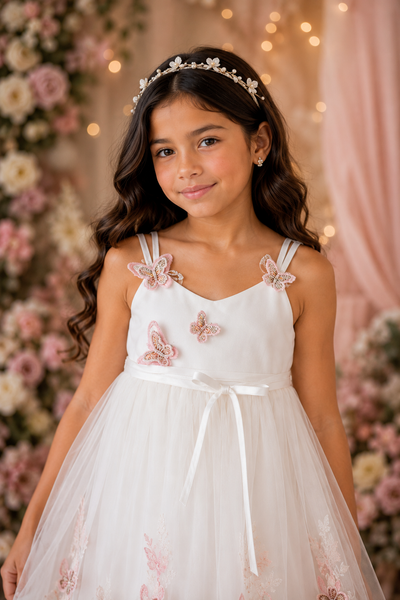 Blush Pink Butterfly Tulle Flower Girl Dress