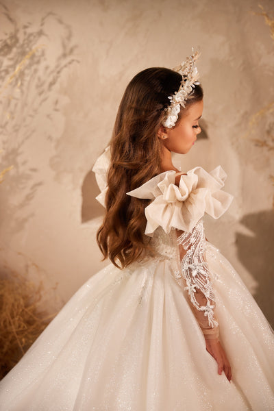 Pentelei Couture Aveline Girls Dress – Beaded Puff Sleeve Communion Gown
