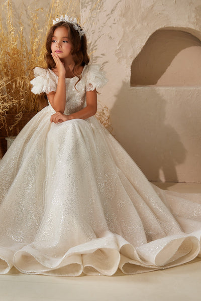 Pentelei Couture Kids Pageant Ball Gown – Ruffled Short Sleeve Party Dress