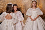 Pentelei Couture Short Puff Sleeve Flower Girl Midi Dress - Wedding & Communion