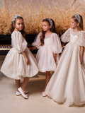 Pentelei Couture Short Puff Sleeve Flower Girl Midi Dress - Wedding & Communion