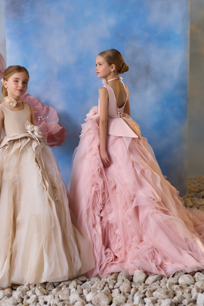 Pentelei Couture Sheer Tulle & Satin Flower Girl Dress - Elegant Formal Attire