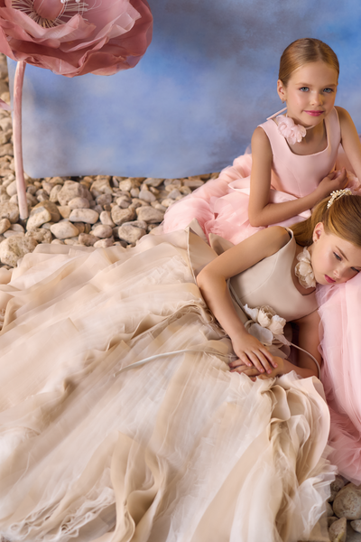 Pentelei Couture Sheer Tulle & Satin Flower Girl Dress - Elegant Formal Attire