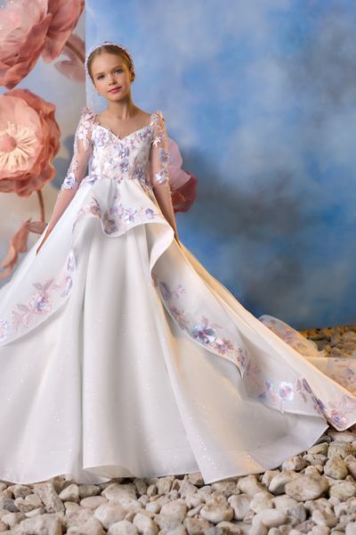 Pentelei Couture Flower Girl Wedding Gown with Floral Embroidery