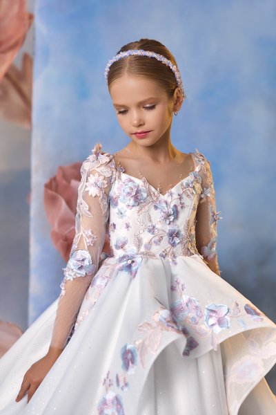 Pentelei Couture Flower Girl Wedding Gown with Floral Embroidery