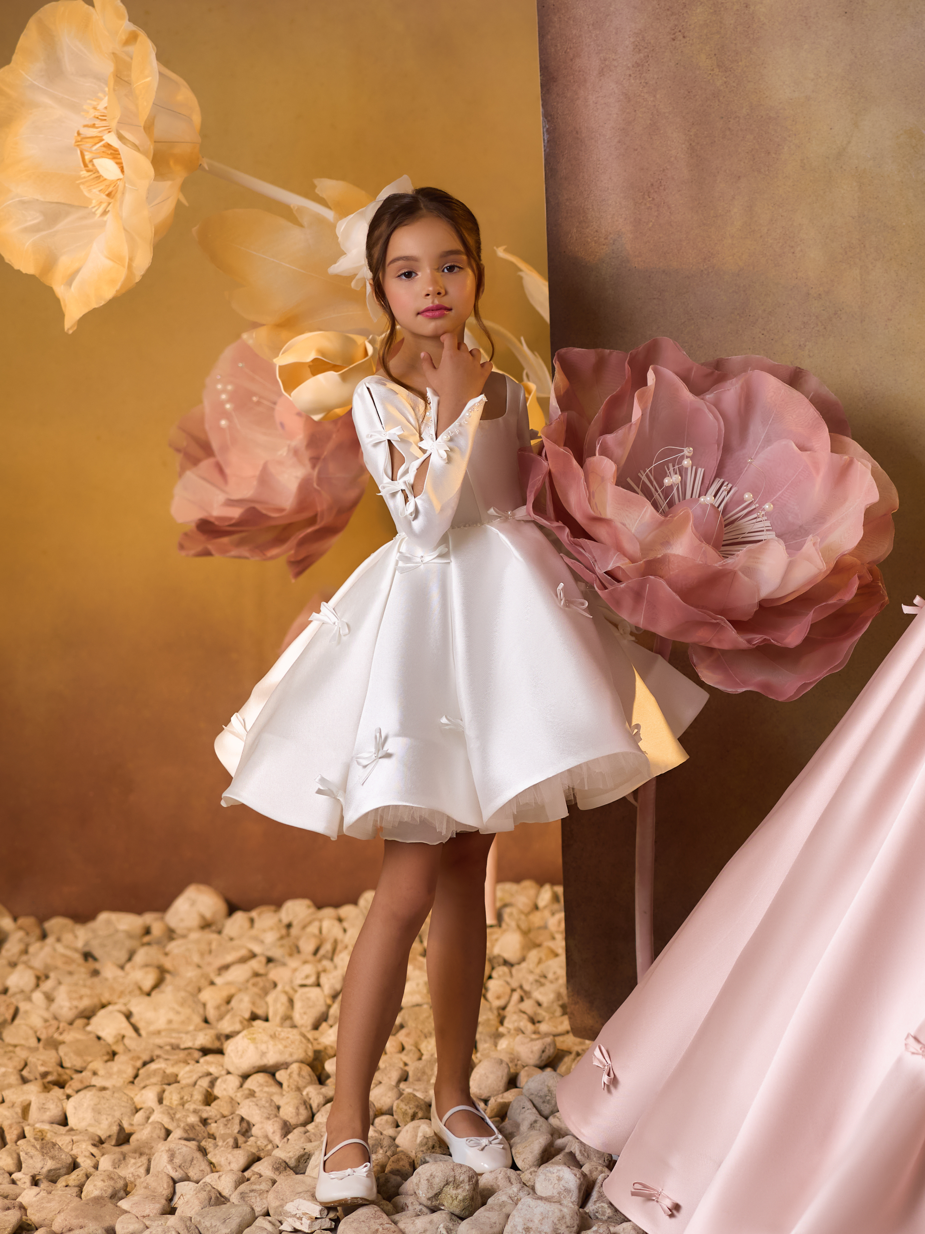 Pentelei Couture Satin Long-Sleeve Short Dress with Bow Accents Ivory / 9-10 Yrs